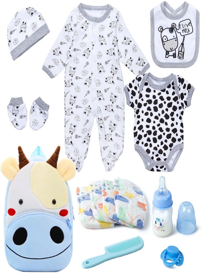Pedolltree Reborn Baby Dolls Clothes Outfit Accessories Cow 13 Pcs Set for 17-22 Inch Reborn Dolls Newborn Boy with Blue Cow Backpack Diaper - Image 1